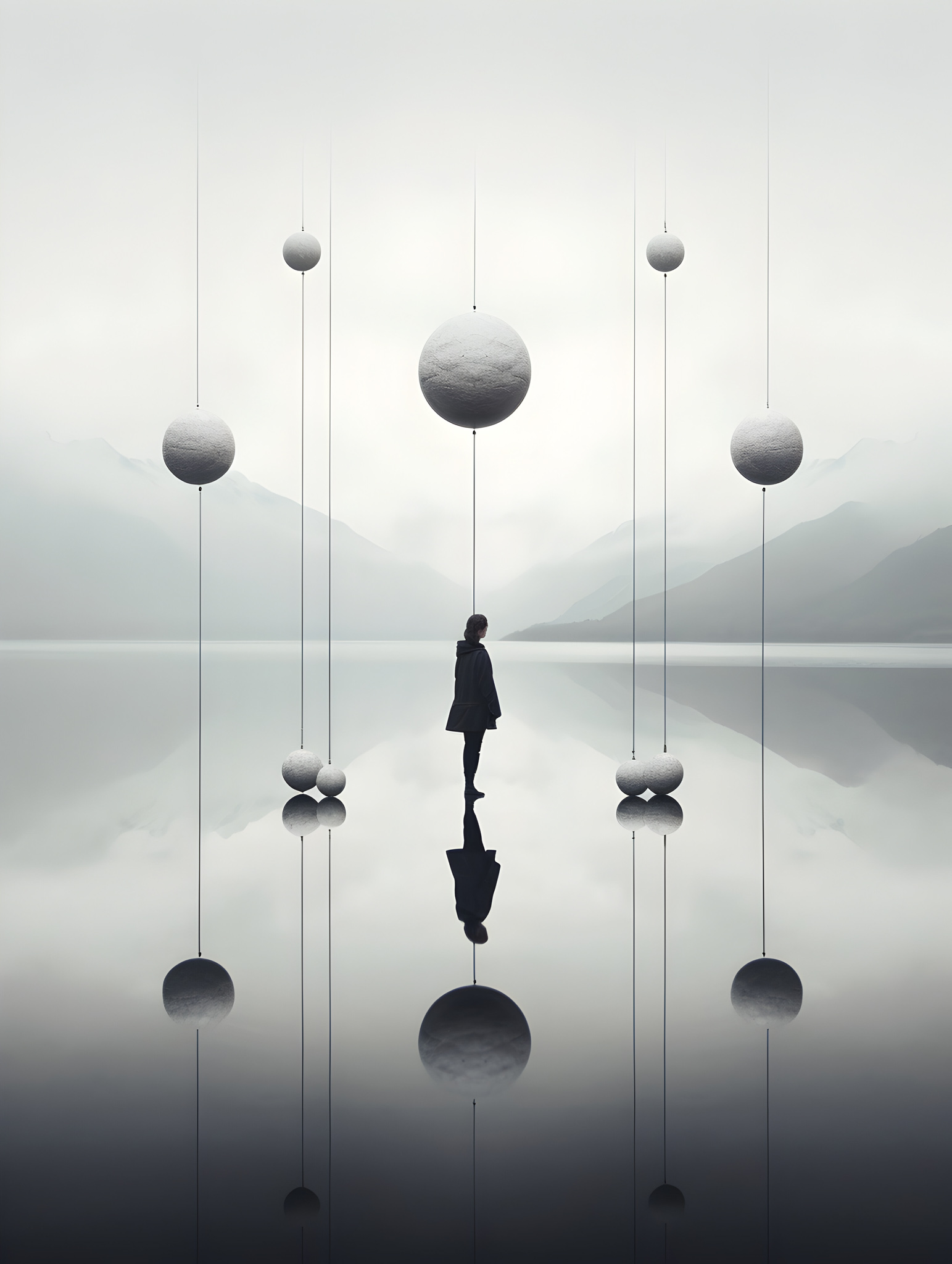 Solitary figure among suspended spheres over reflective water, with misty mountains in the background.