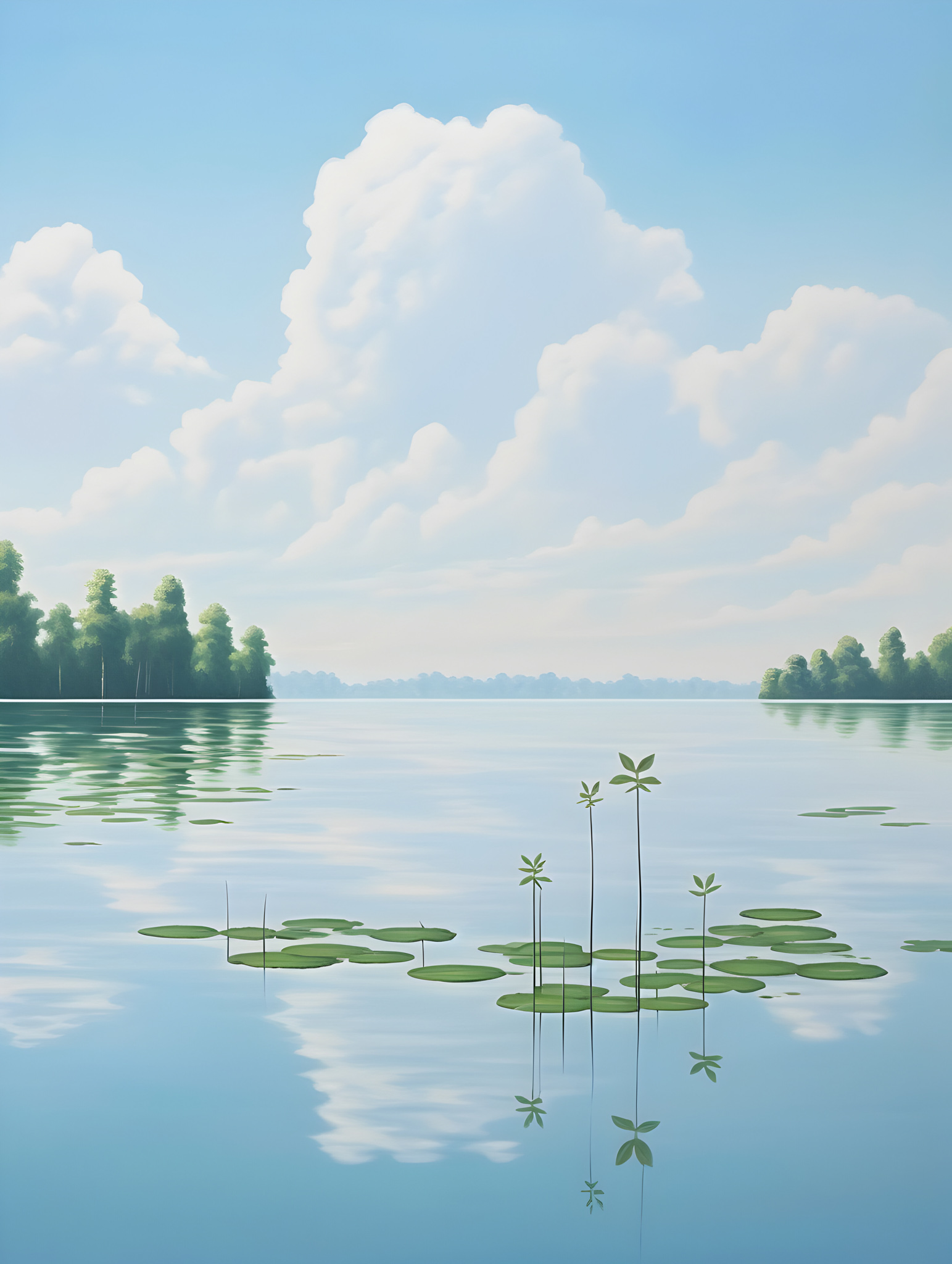 Serene lake with lily pads and tall white clouds reflected in calm blue water.
