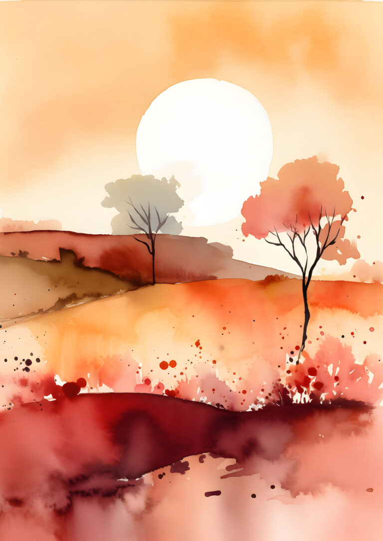 Watercolor landscape with large white sun, red and orange hills, and two sparse trees.