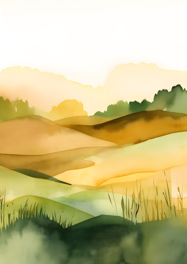 Watercolor landscape with soft yellow, green, and ochre fields and distant trees.