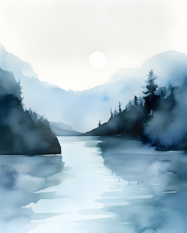 Watercolor painting of a misty lake surrounded by blue mountains and dark pine trees.